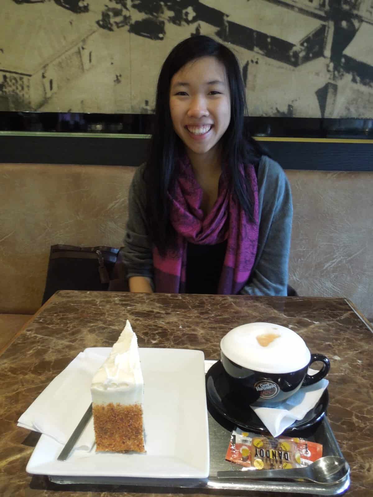 Eating cake with my friend in Mons, Belgium