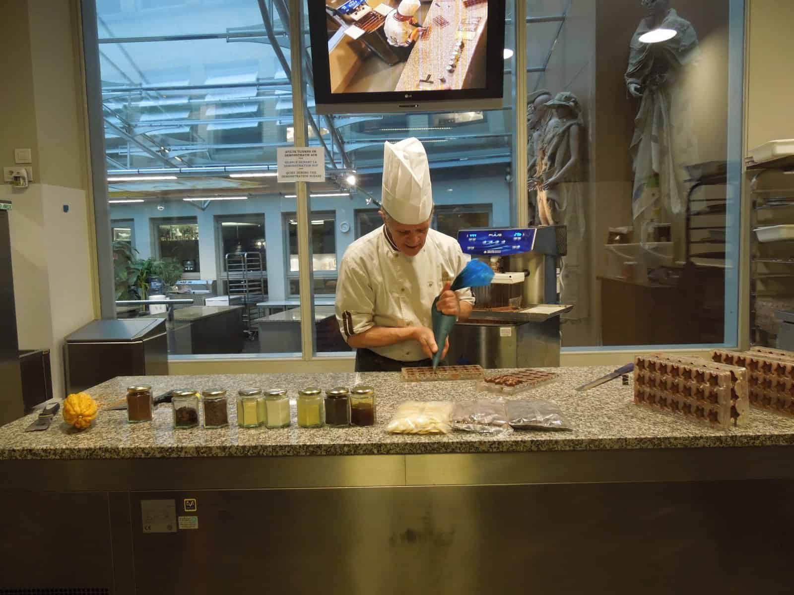 Chocolate making demonstration at Chocostory in Bruges