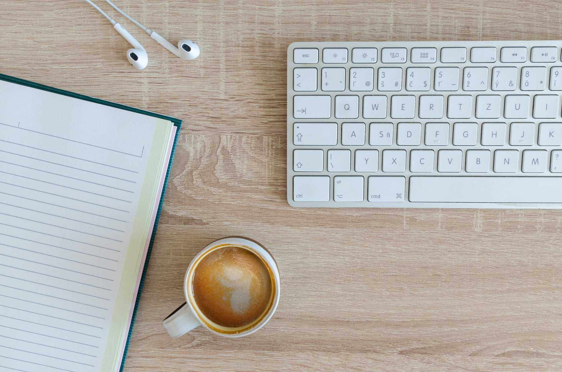 Farewell to the Freshman Year of Freelancing 2 Flat lay with keyboard, notebook, coffee and headphones