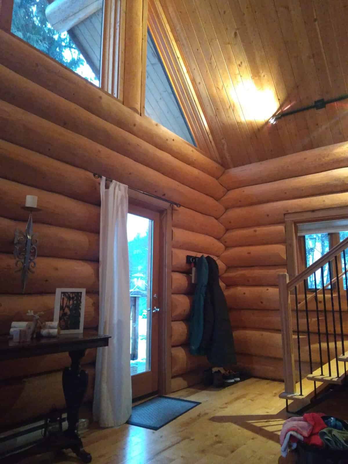Hope BC log cabin in the winter, wood beams