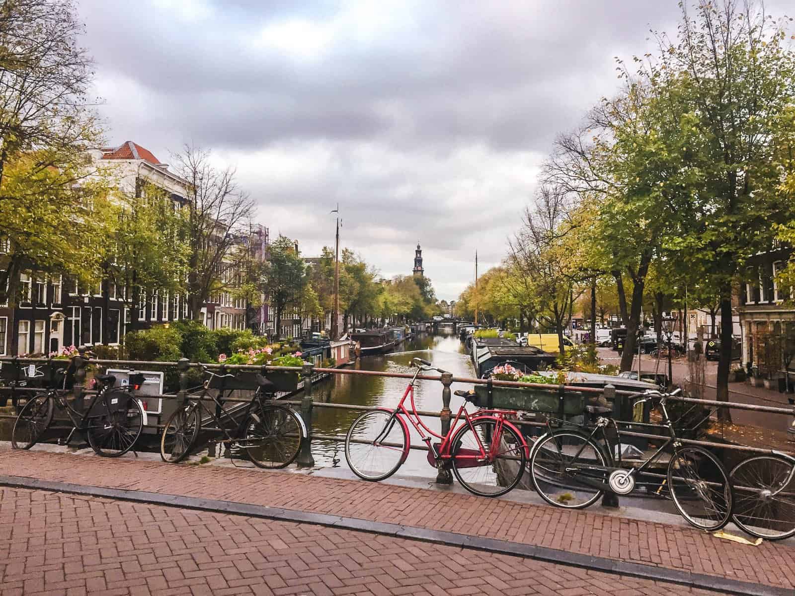 Falling Back in Love with Amsterdam 2 Bridge in Amsterdam over a canal, lined with trees, skinny houses and bikes