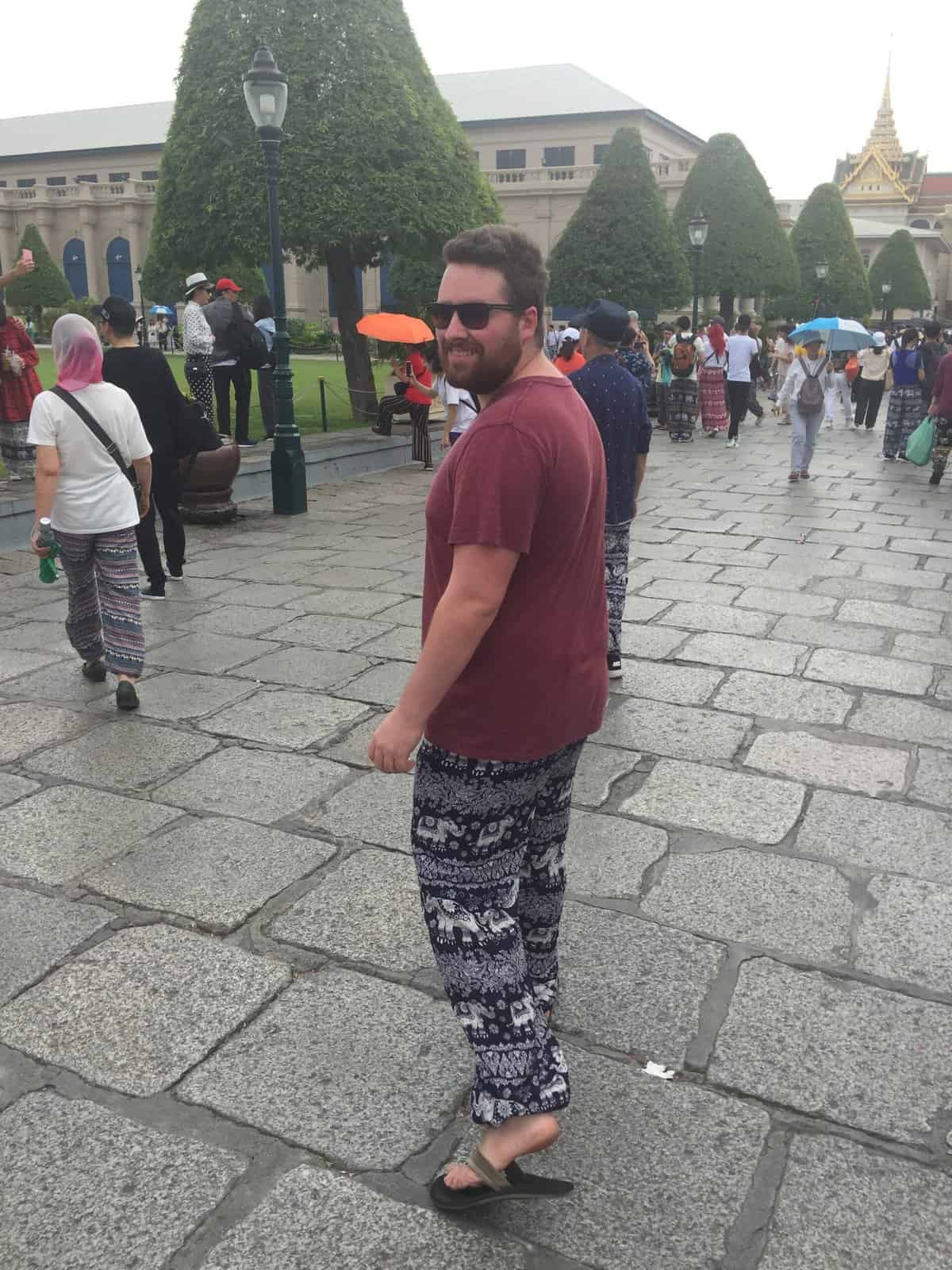 The Best and Worst of Southeast Asia 13 Colin wearing elephant pants at a temple in Bangkok, Thailand