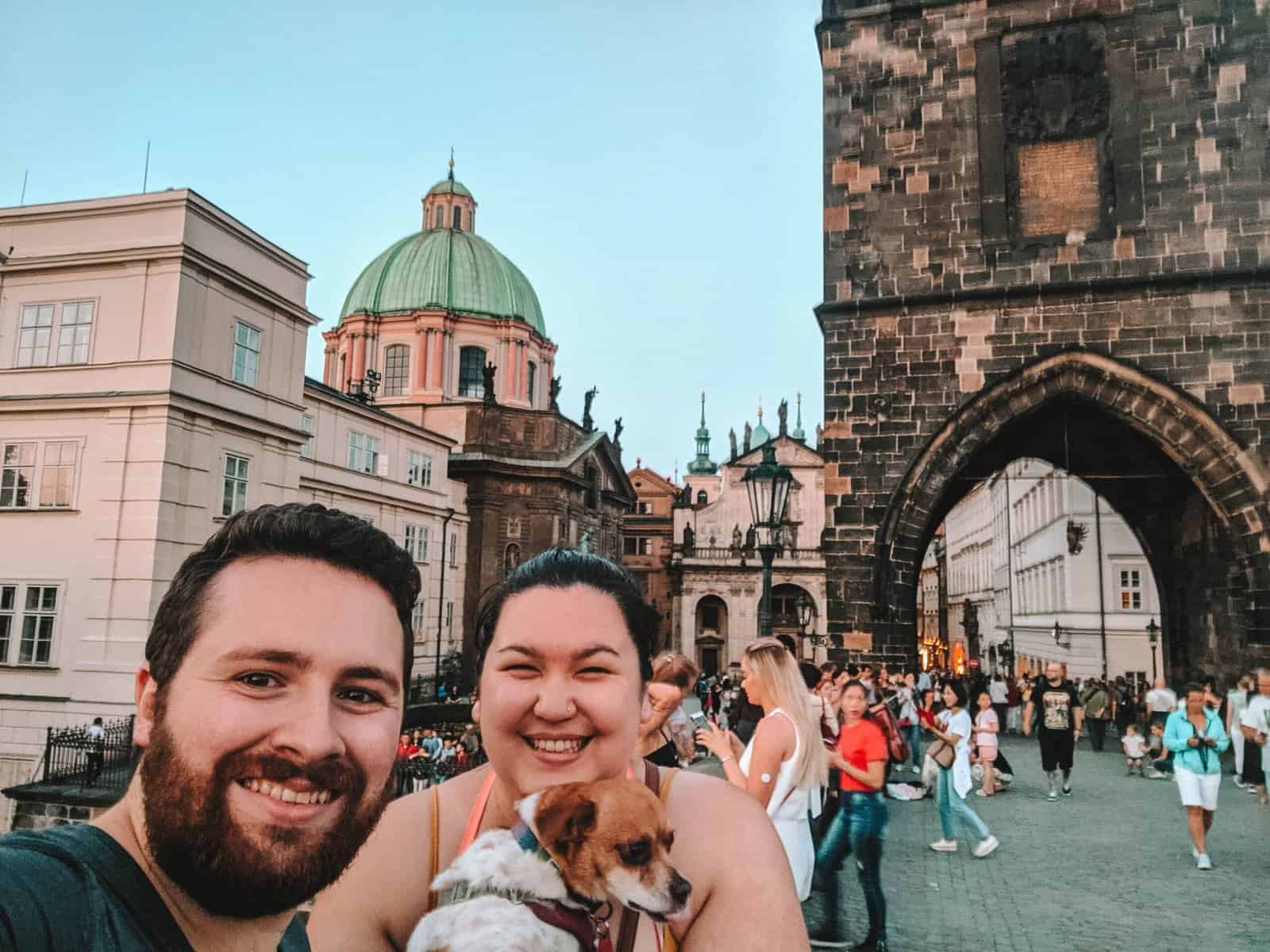 Expat Life: Settling into Our 1st Week Living in Prague 16 Colin, Ellie and Riana taking a selfie on Charles Bridge facing the Old Town in Prague