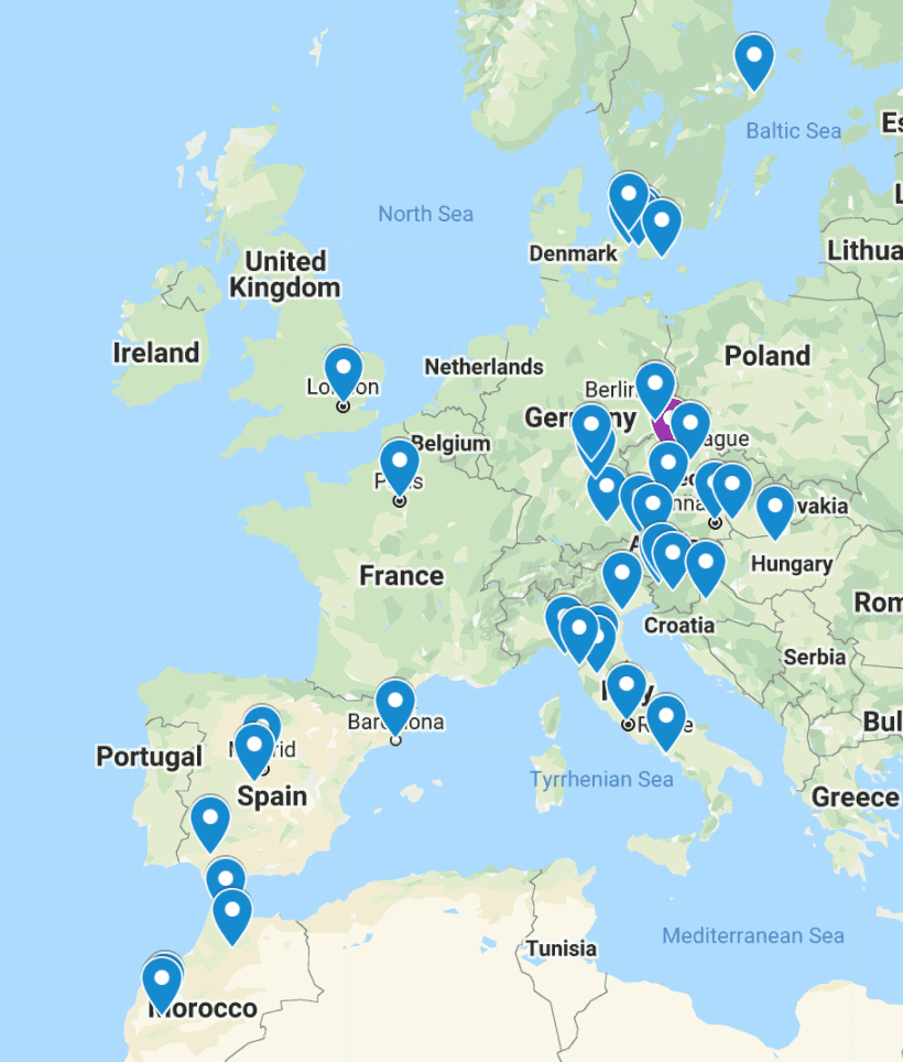 Map of our year abroad and everywhere we travelled in Europe