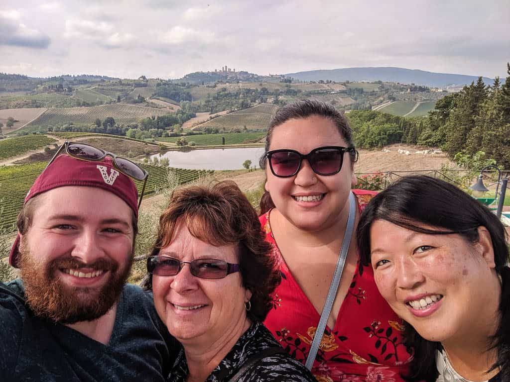 selfie with view of San Gimignano