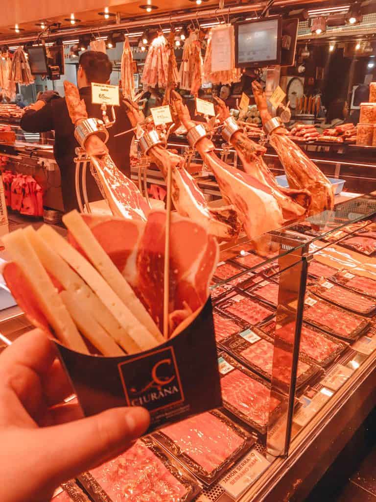 Meat and cheese at Mercado de La Boqueria