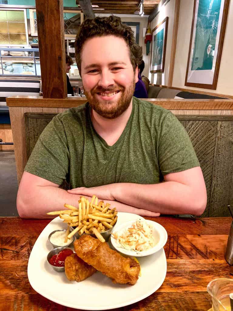 Fish and chips at Salty's Beach House, Penticton, BC