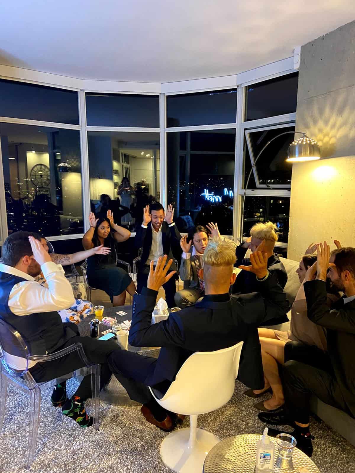 playing kings cup at our wedding reception