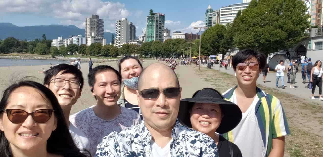 family selfie at English Bay, Vancouver