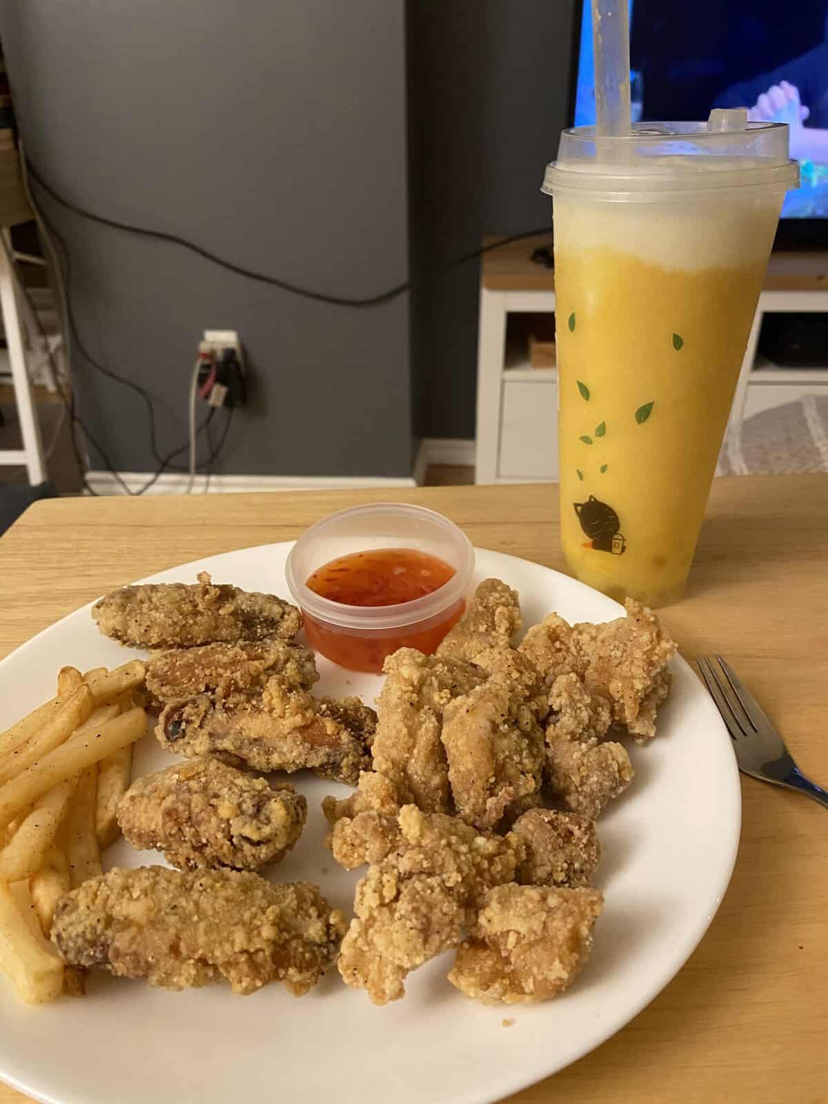 Popcorn chicken on a plate from Kurotaki Chabann in Yaletown