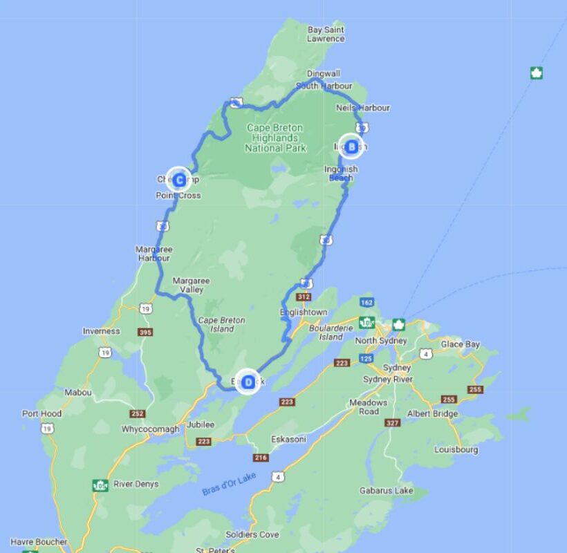 Cabot Trail map with Cape Breton itinerary driving route
