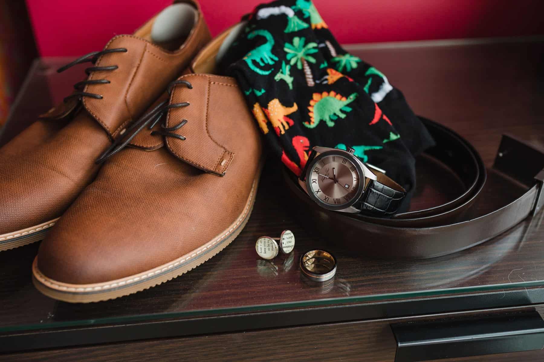 The 15 Best Moments From Our Wedding Day 9 groom accessories, dad's watch, dinosaur socks