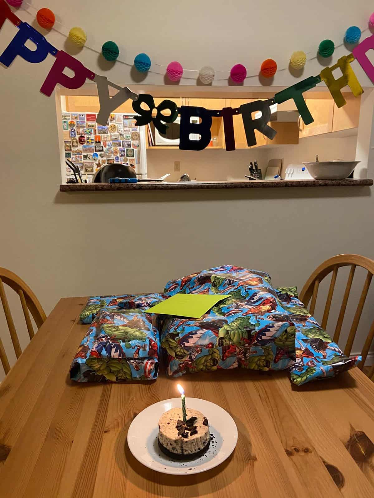 Colin's 30th birthday banner, gifts and cake