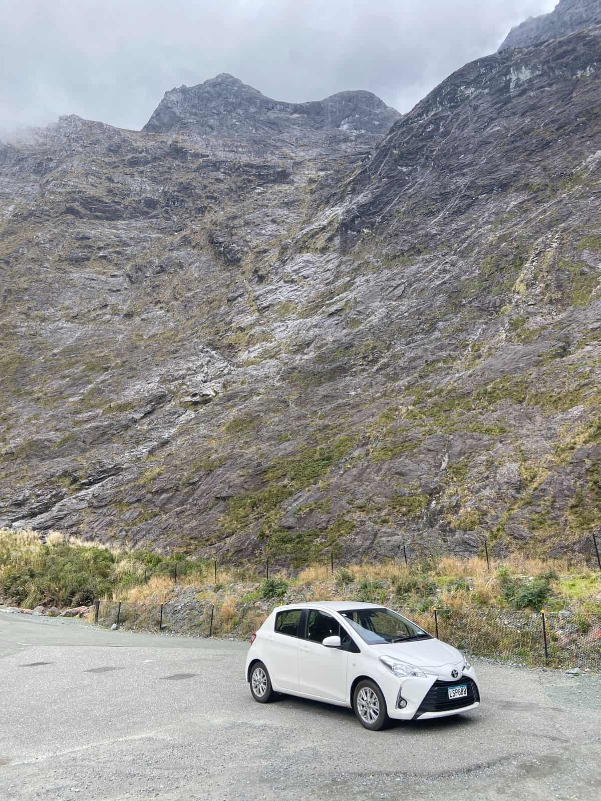 Our rental car on the road to Milford Sound in New Zealand