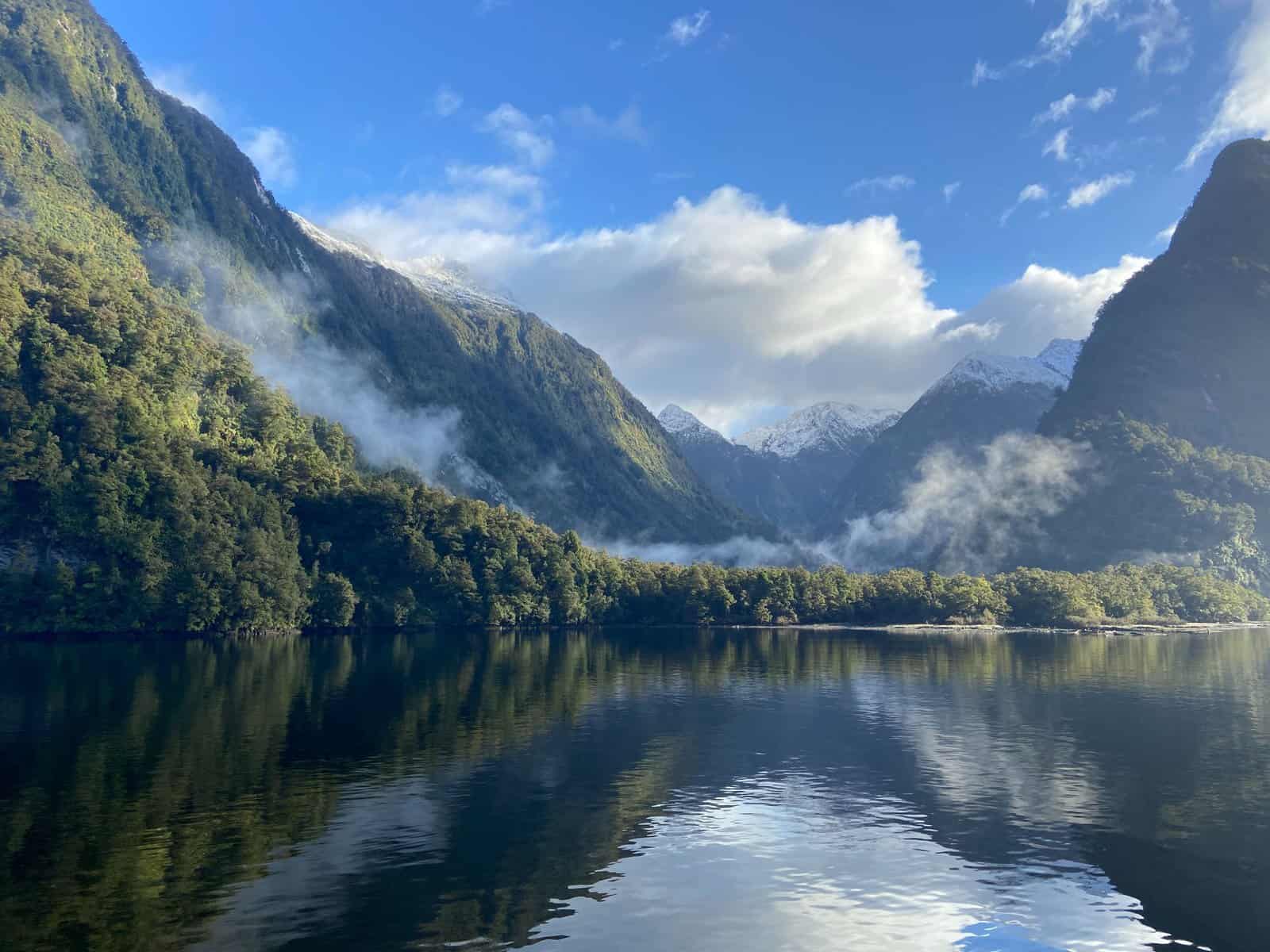 Views of Doubtful Sound mountains and clouds in New Zealand