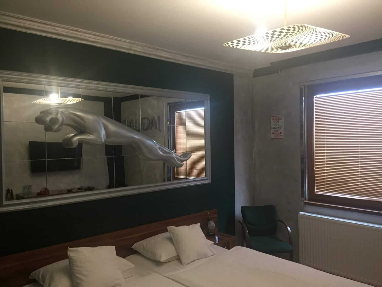 Jaguar room at the Retro Hotel Garage in Ostrava, Czech Republic