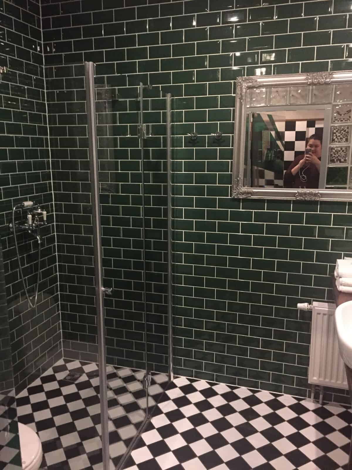 bathroom of the Jaguar room at the Retro Hotel Garage in Ostrava, Czech Republic
