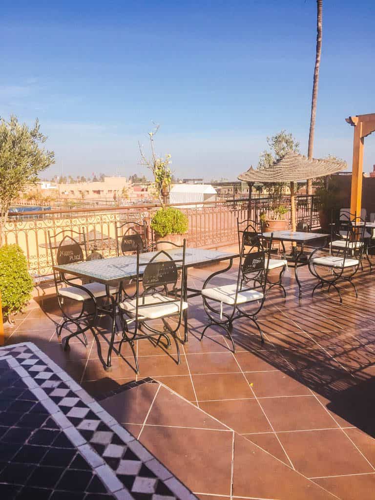 Rooftop and breakfast area at Riad Hotel Marraplace in Marrakesh, Morocco