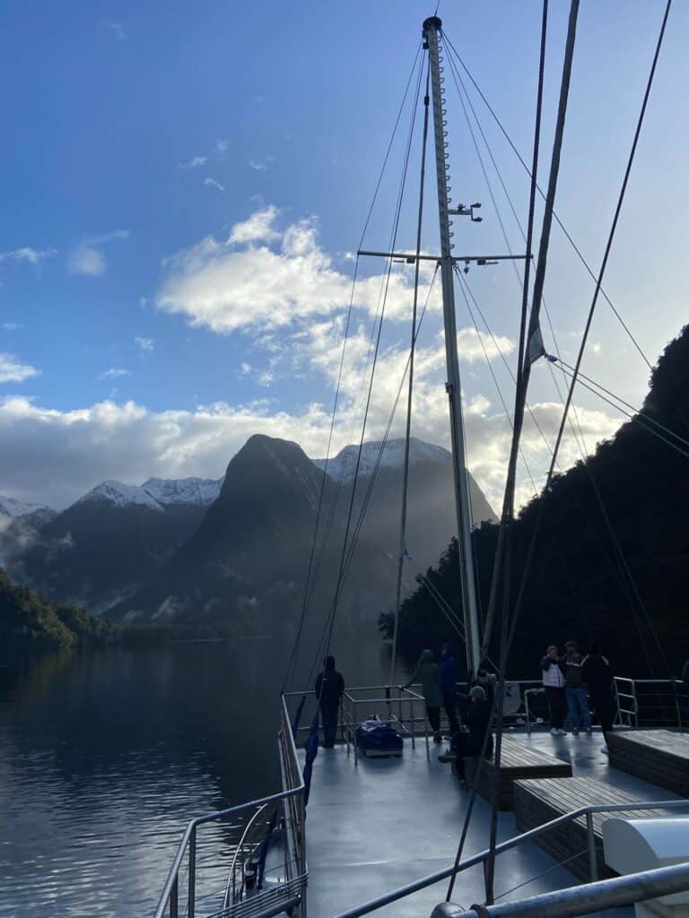 bow and upper deck on our Doubtful Sound overnight cruise in New Zealand