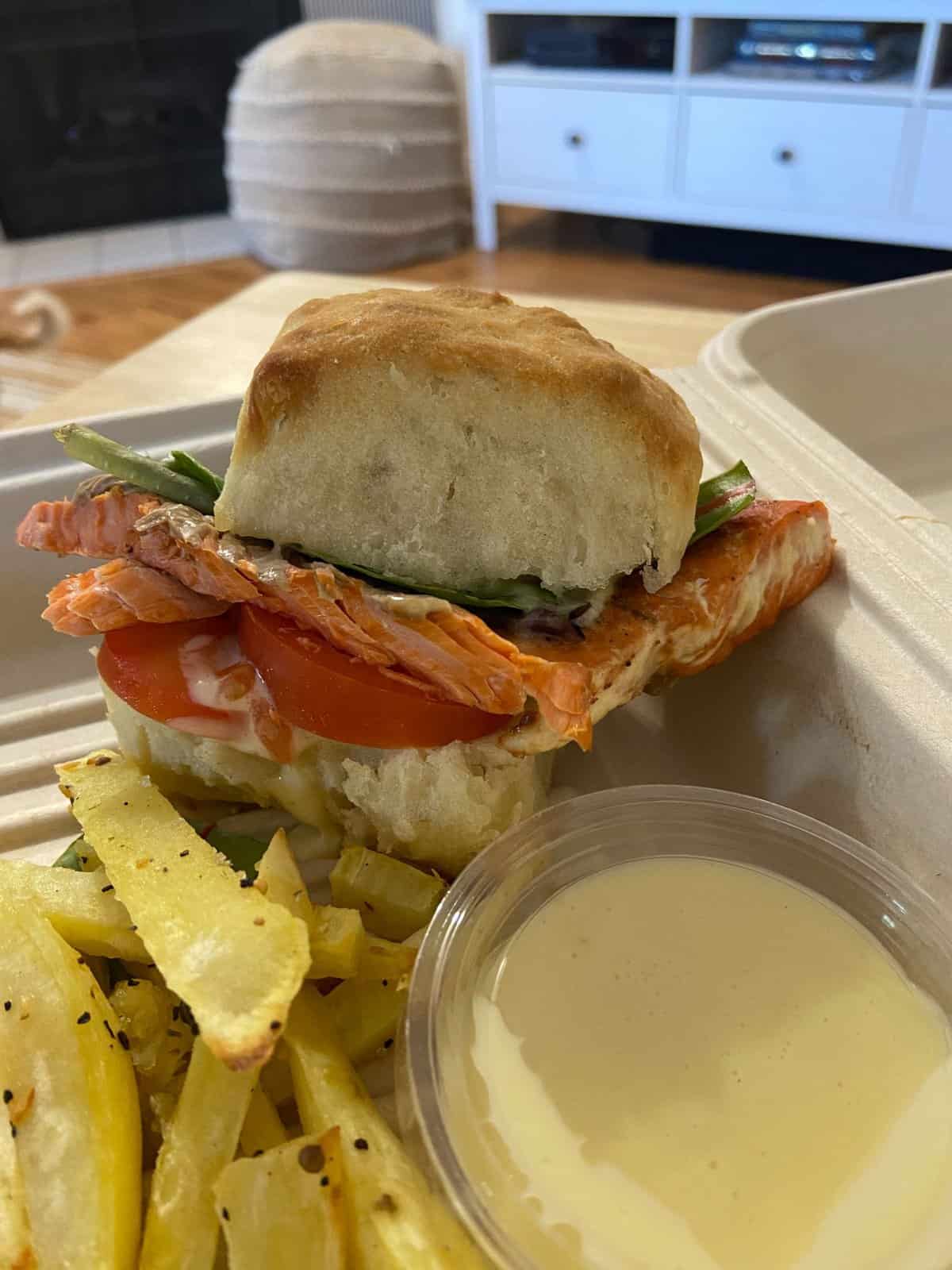 Salmon n Bannock salmon burger and yam fries