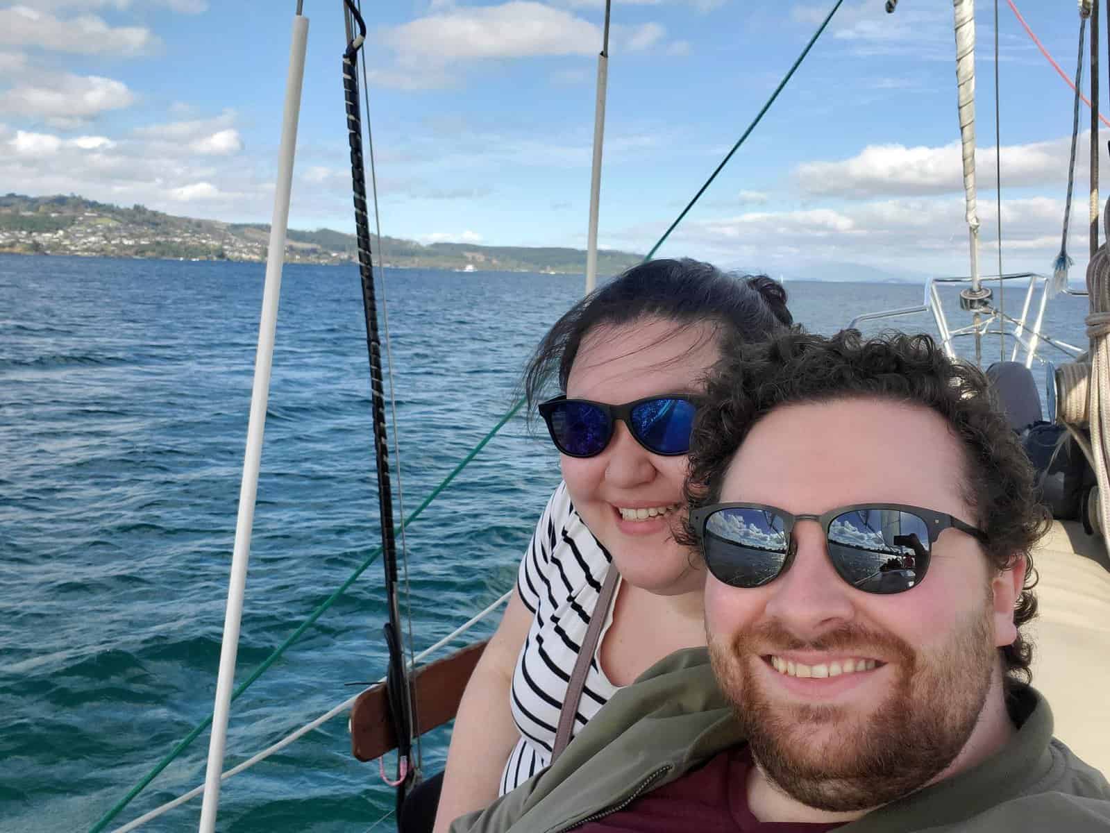Taupo sailboat selfie of Riana and Colin in the middle of the lake