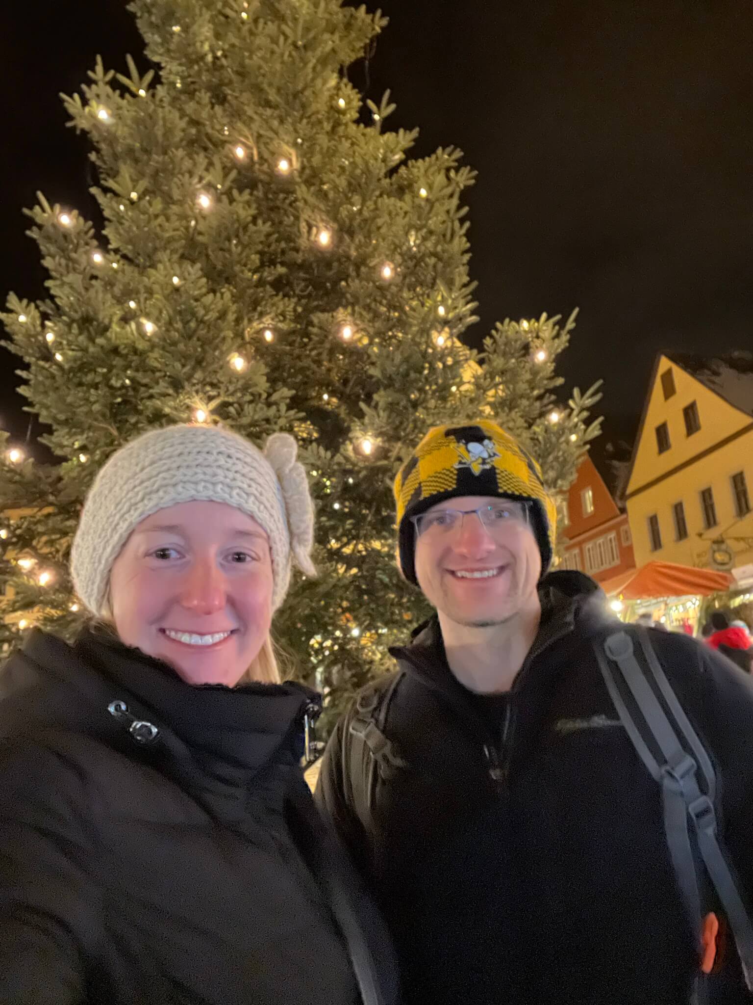 Traveller of the Month: Paul from Paul Passing Through 4 Selfie of Paul and Michelle in front of a Christmas tree in Rothenburg ob der Tauber, Germany