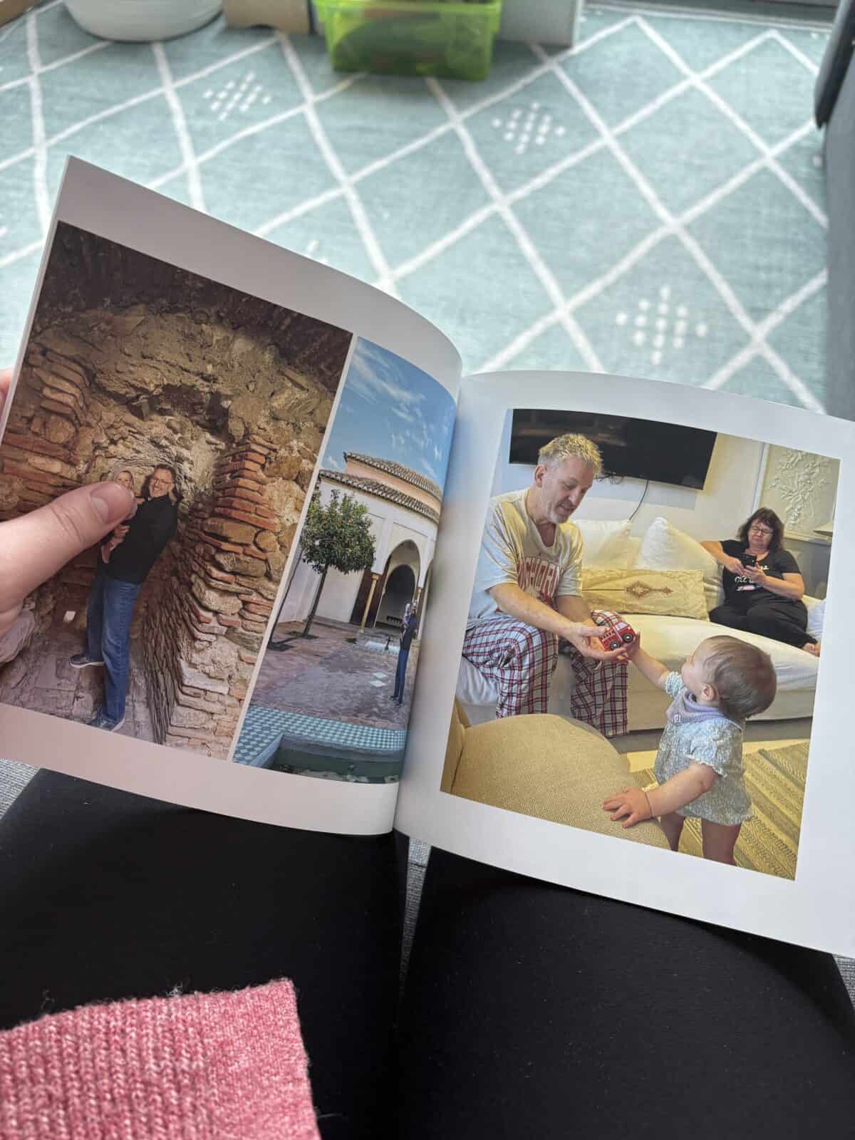 Inside pages of a Mixbook photo book I made with Story Mode showing photos of my dad and my daughter