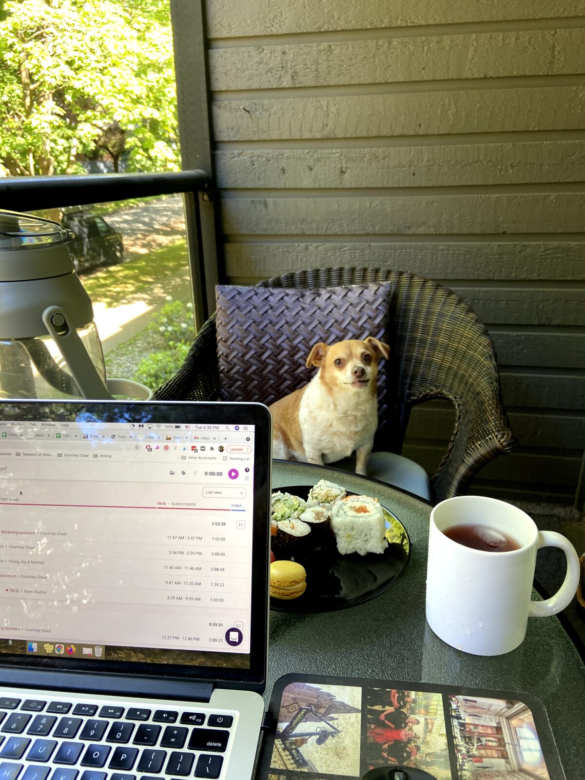 18 Freelancer Tips for Beginners (From an 8 Year Veteran!) 8 Working on the balcony with my laptop on the table, a mug of tea and plate of snacks behind it, and my dog Ellie sitting on the opposite balcony chair, embracing freelancer life