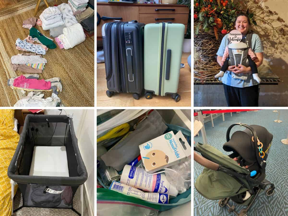 Collage of images for Packing List for Travel with a Baby including clothing, LEVEL8 suitcases, baby carrier, travel crib, toiletries bag, stroller with car seat attached