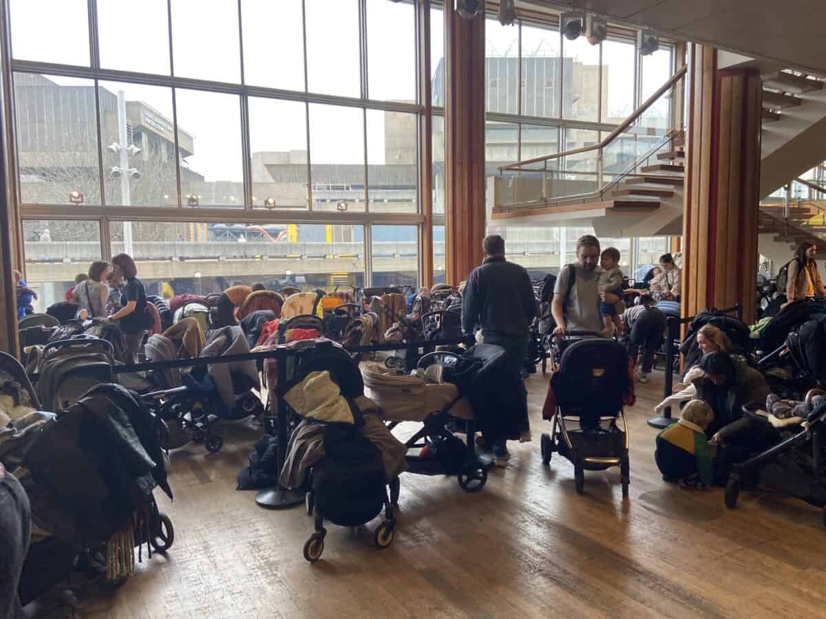 20+ Things to Do in London With a Baby 7 Stroller parking for Wordplay at the Southbank Centre in London with dozens and dozens of strollers