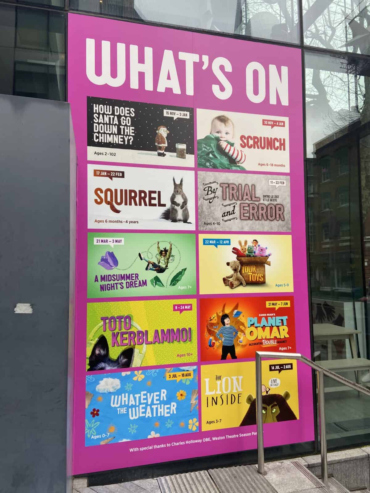 20+ Things to Do in London With a Baby 4 Sign outside of Unicorn Theatre in London displaying what shows they have on