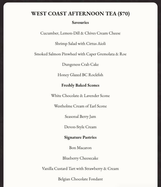 Pendray Tea House Review: Afternoon Tea in Victoria, BC 9 West Coast Afternoon Tea menu at Pendray Tea House in Victoria, BC