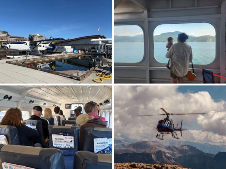 Image shows three options for how to get to Victoria from Vancouver via seaplane, ferry or helicopter