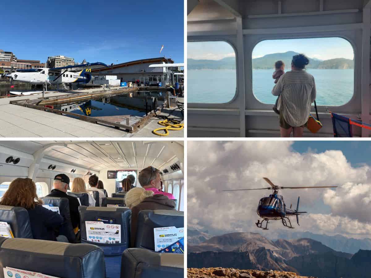 Image shows three options for how to get to Victoria from Vancouver via seaplane, ferry or helicopter