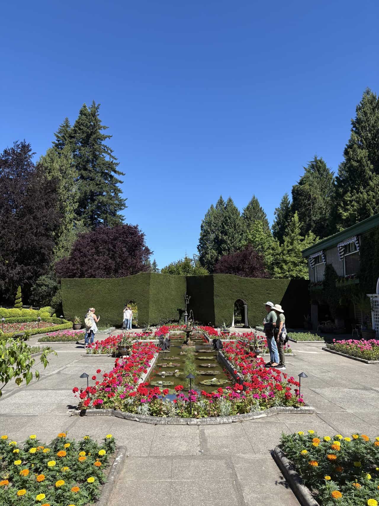 The Italian Garden with a flower framed fountain and tall hedges at Butchart Gardens