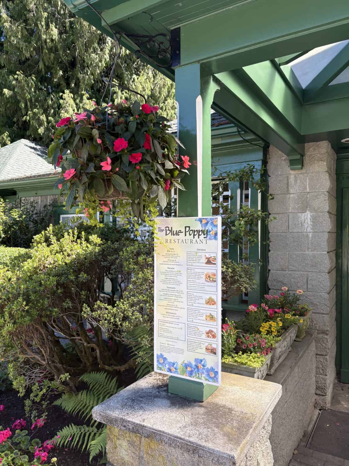 Sign outside The Blue Poppy Restaurant at The Butchart Gardens, BC