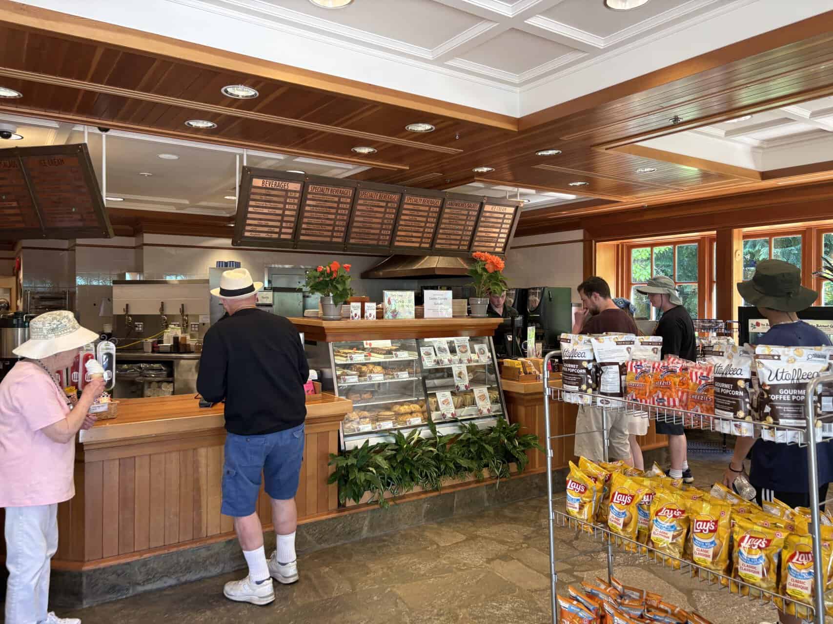 Inside the Coffee Shop cafe at Butchart Gardens with the cafe counter and menu 