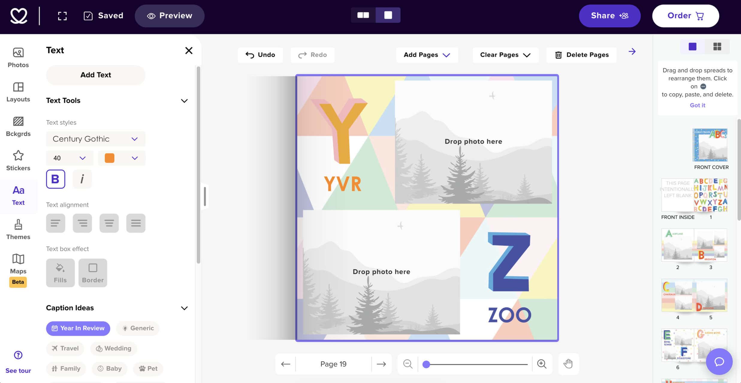 Making A Custom Board Book From Our Travel Photos 5 Screenshot of the Mixbook Design Studio for my custom board book, showing the page with letters Y and Z in an alphabet baby book