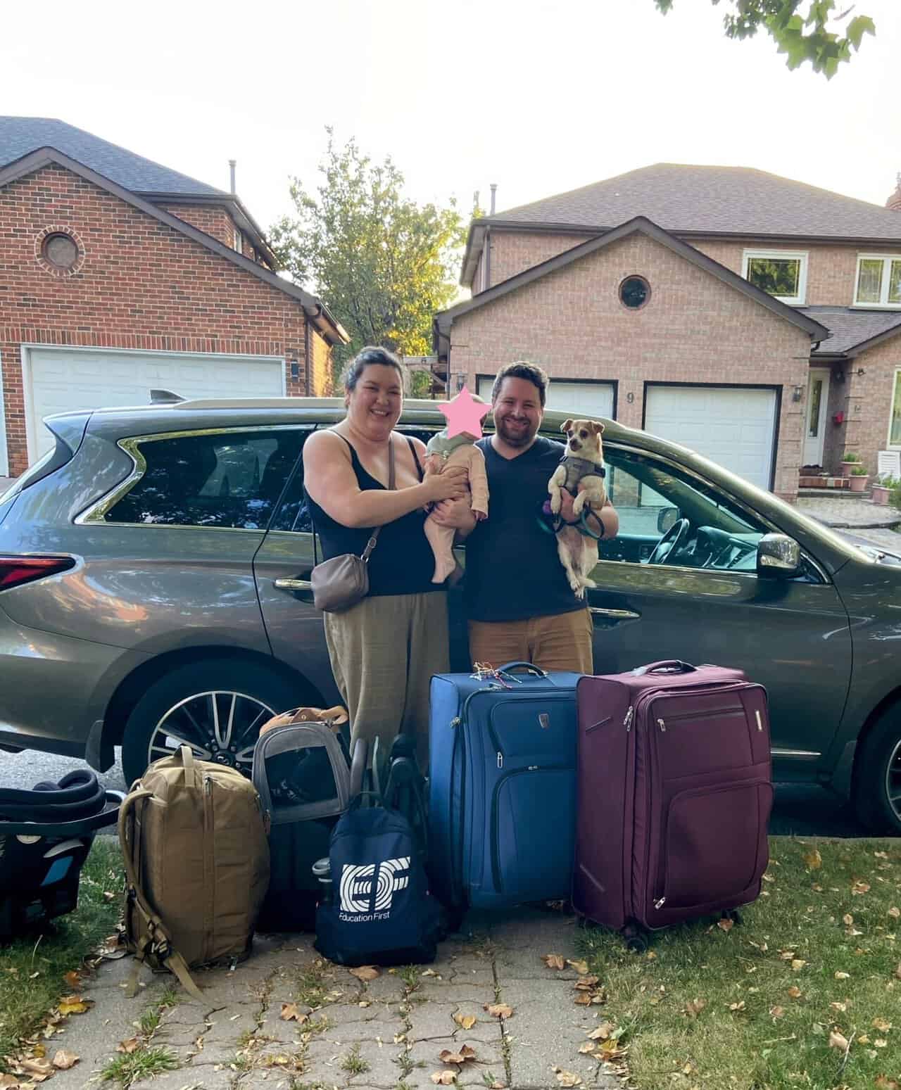 Tips for Flying With a Baby: From Booking to Baggage Claim 24 Riana, Colin, Baby C and Ellie with all of their luggage and baby gear on the way to the airport