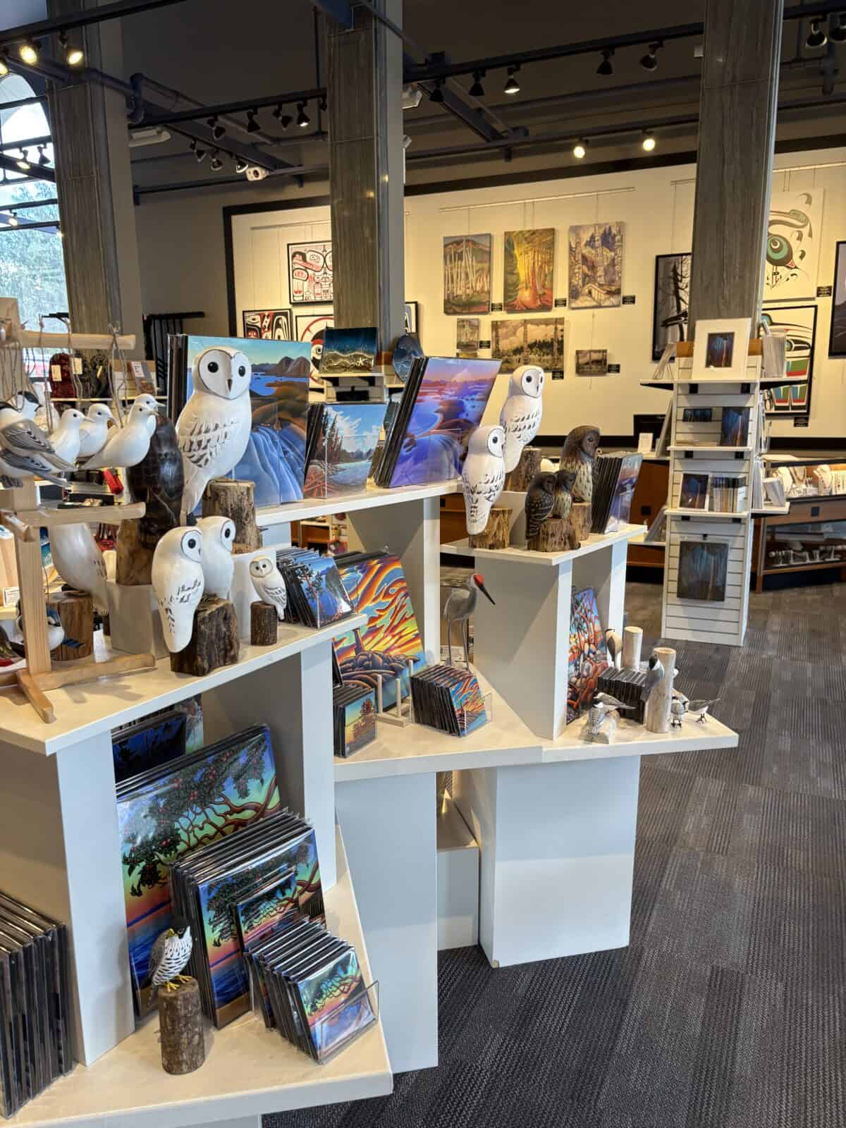 Shelves of objects on display at the Royal BC Museum gift shop