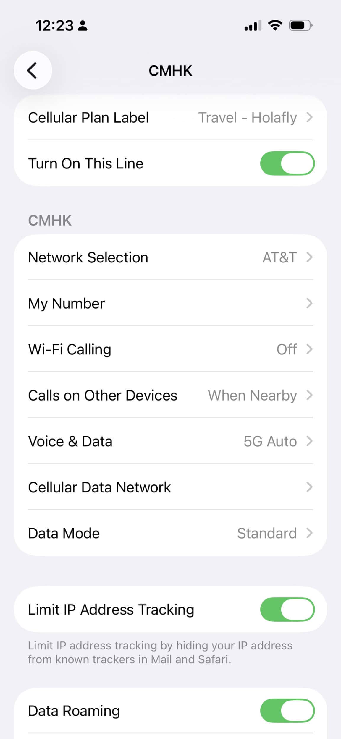 How to Set Up Your Holafly eSIM 14 Screenshot of my Cellular settings on my phone showing my Holafly travel eSIM with data roaming turned on