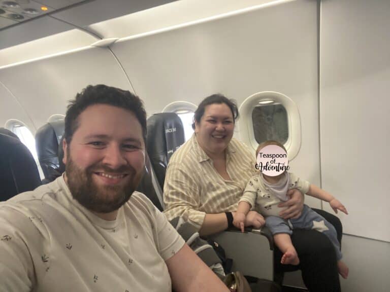 Colin taking a selfie on the plane with Riana and Baby C, flying with a baby from London to Spain