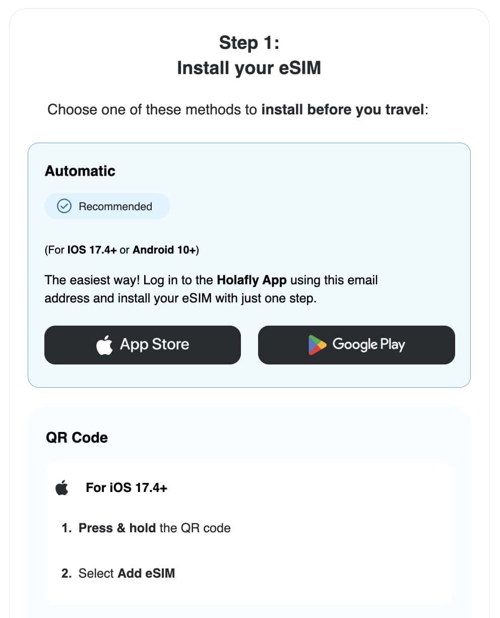 How to Set Up Your Holafly eSIM 7 Email screenshot of the steps you can use to install your Holafly eSIM by QR code, manual code or app
