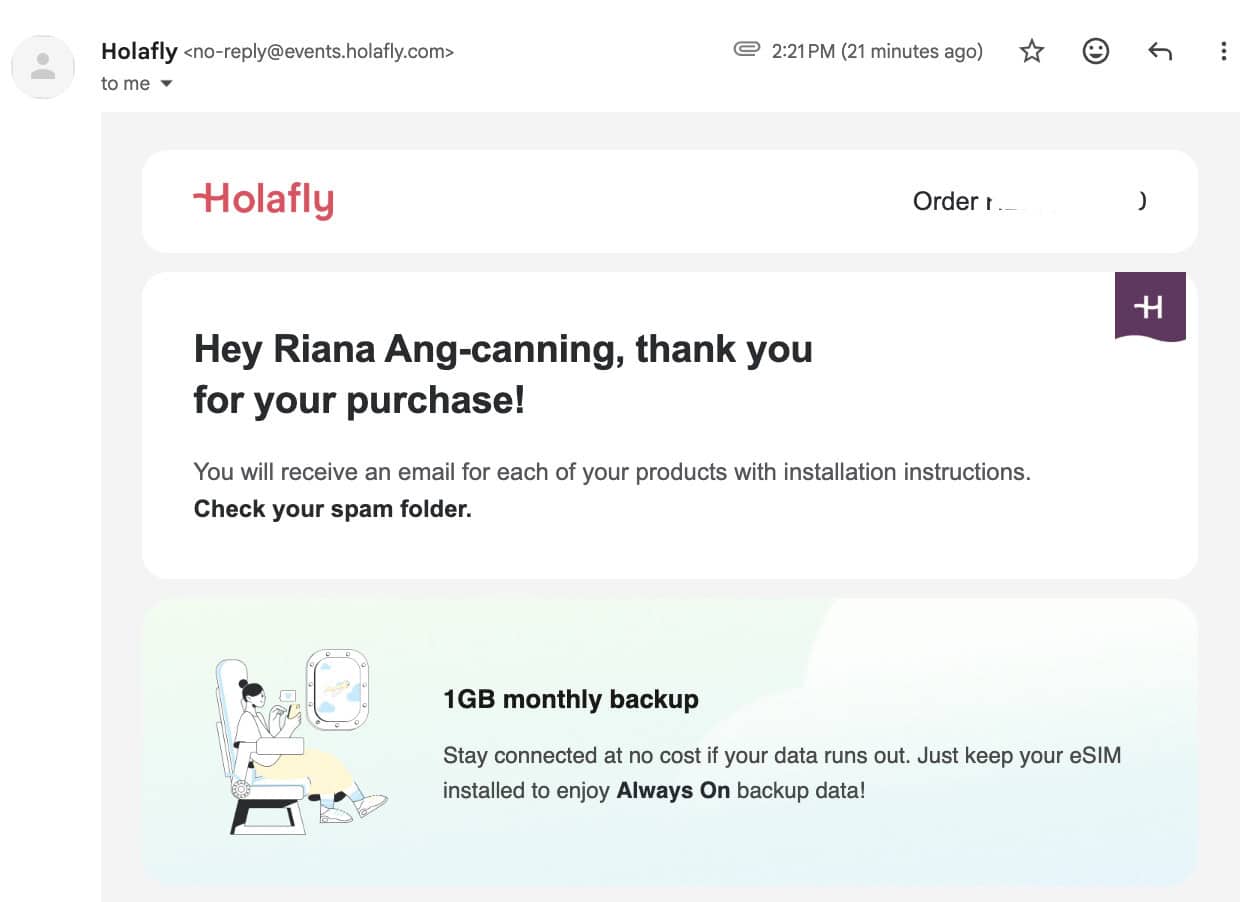 How to Set Up Your Holafly eSIM 6 Confirmation email from Holafly of my eSIM order