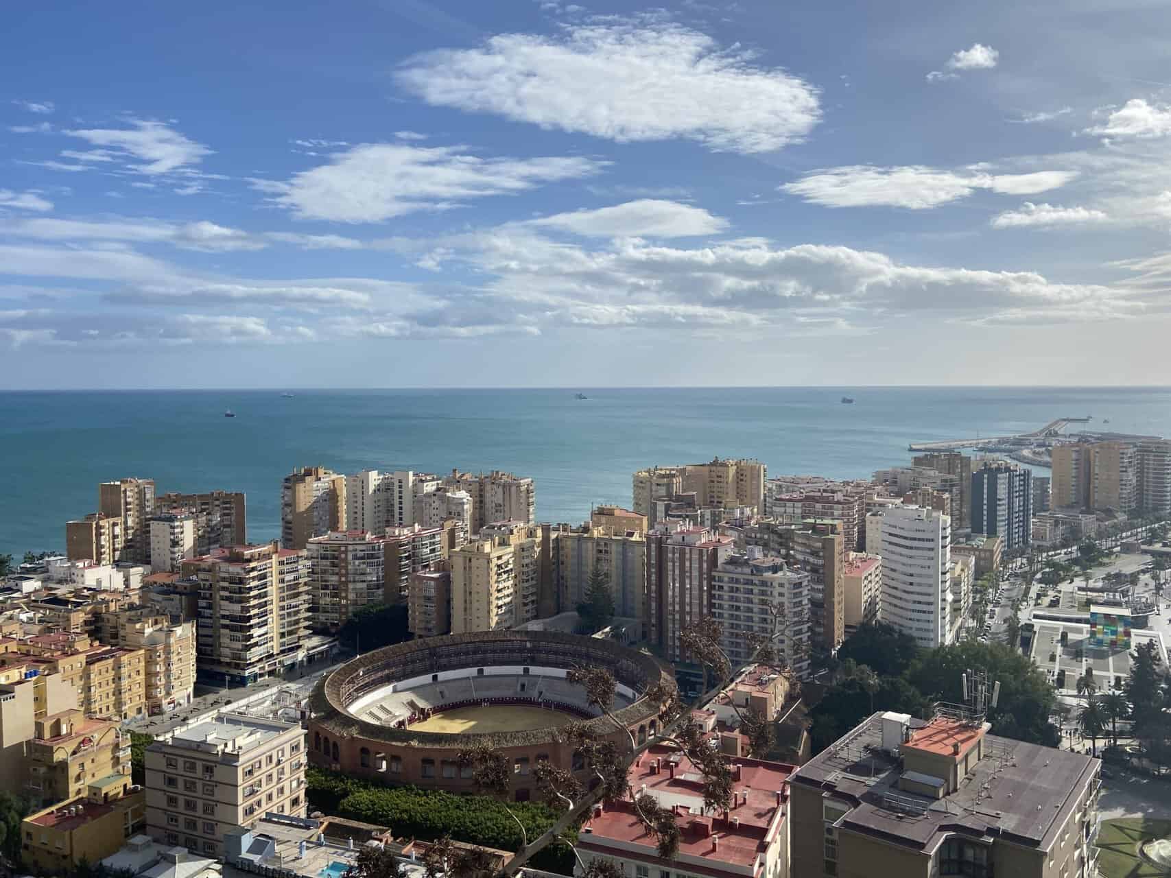 View of Malaga from Gibralfaro Castle overlooking the bull ring, buildings and ocean
